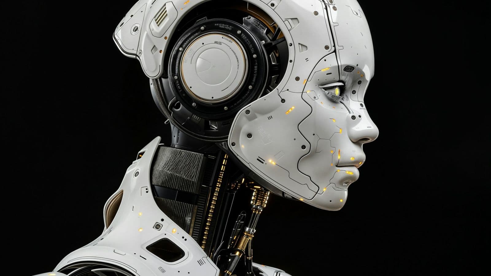 A white humanoid robot against a black background